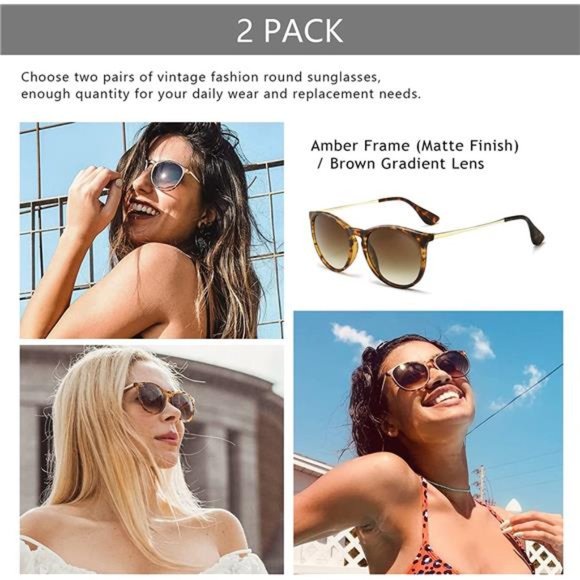2 Pack Vintage Round Sunglasses for Women Men Classic Retro Designer Style - Picture 7 of 7
